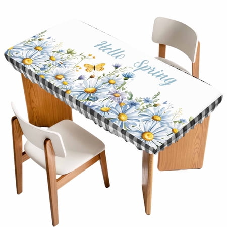 Daisy Floral Table Cloths for 5 Foot Rectangle Tables Spring Country Flower Butterflies Black Plaid Patio Waterproof Elastic Fitted Tablecloths Washable Rectangular Table Cover for Camping