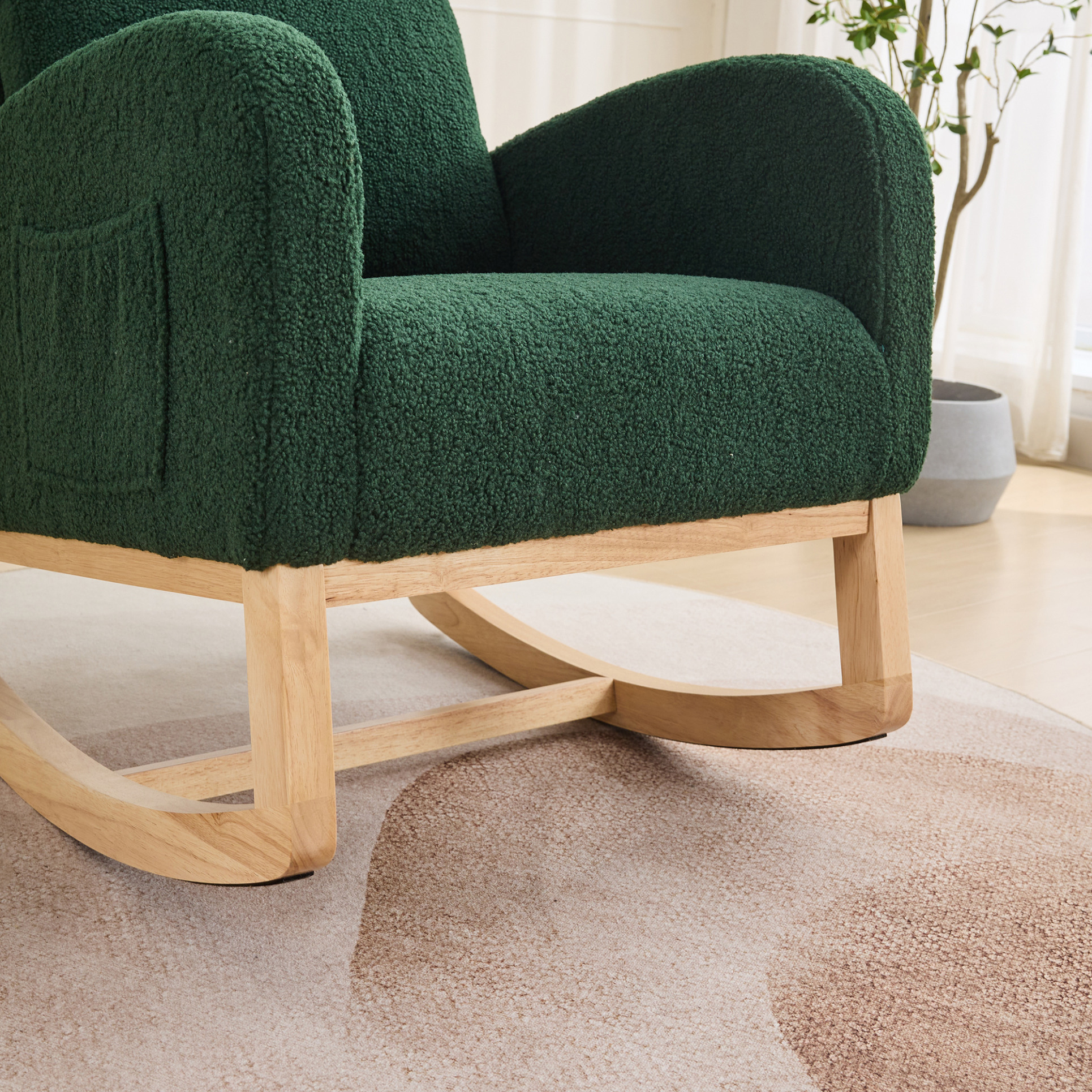 Nursery Rocking Chair with Sherpa Upholstery and Side Pockets, High Back Glider Armchair with Rubber Wood Legs for Bedroom or Living Room, Green
