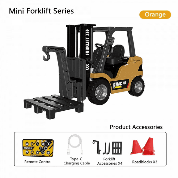 1/64 RC Truck Forklift Toy 2 Mode Mini Remote Control Forklift Truck with Rechargeable Battery 2 in 1 Transformable Lift Fork & Hook for Adults Kids Boys and Girls