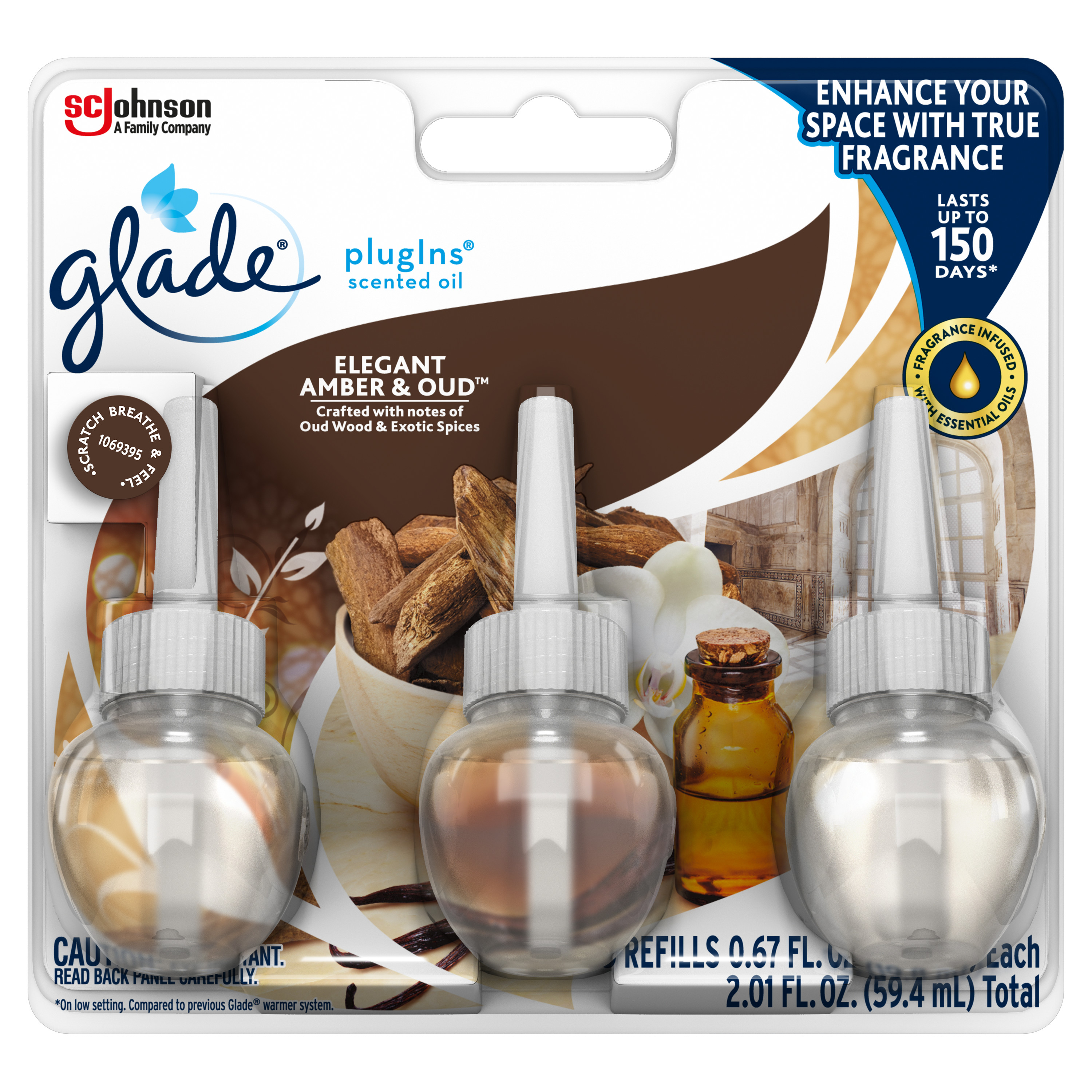 Glade PlugIns Refill 3 CT, Elegant Amber & Oud, 2.01 FL. OZ. Total