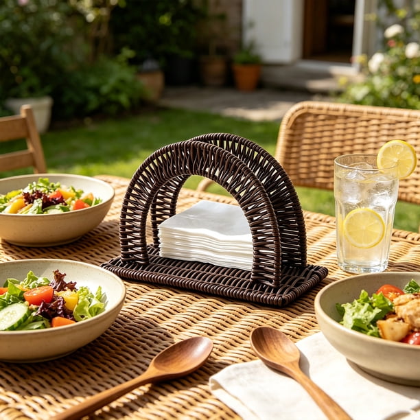 Servilletero de Ratán Tejido a Mano para Mesa de Comedor o Cocina – Diseño Bohemio Arqueado, Impermeable, Fácil de Limpiar.