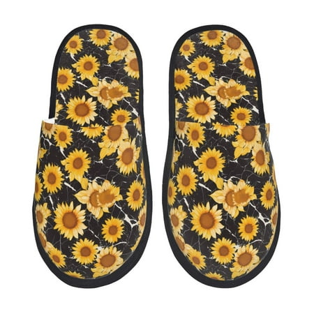 Balery Black Marble Pattern Sunflower Slient Indoor Furry Fleece Comfort House Shoes Soft Non-Slip Home Shoes Cotton slippers House Slippers-- Medium