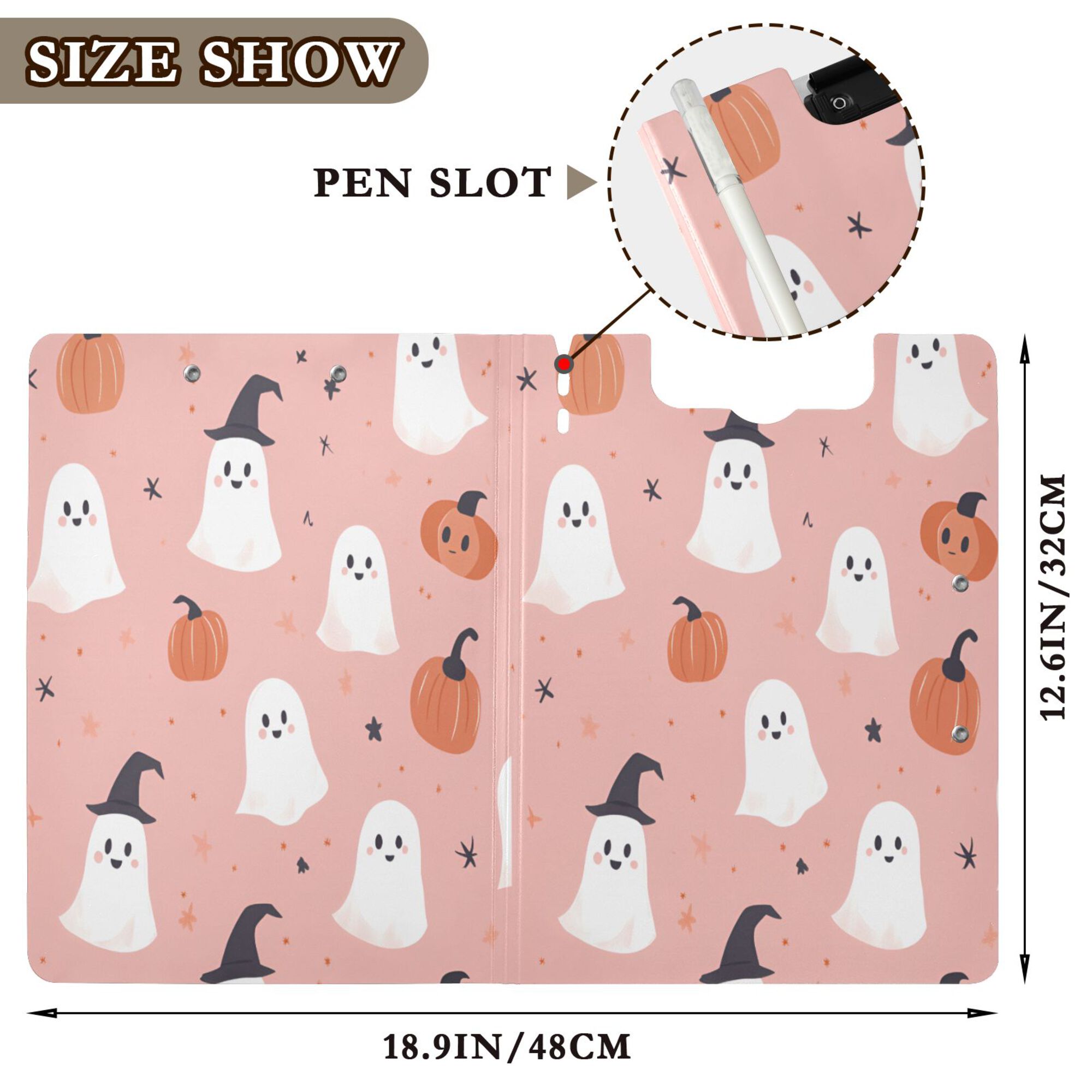 FORMRS A4 Clipboard Folder with Pen Holder Horizontal Foldable School Office Binder, Pink Cartoon Halloween