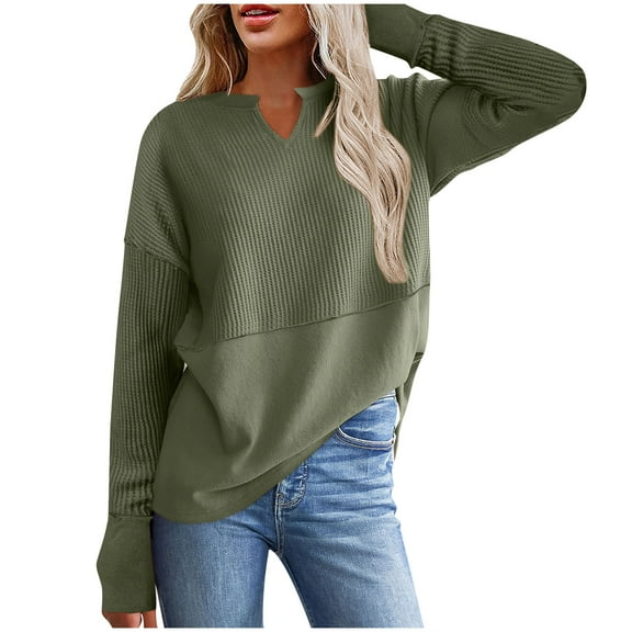 Generic Womens Casual V Neck Waffle Knit Pullover Tops Long Sleeve T Shirts Loose Trendy Blouses