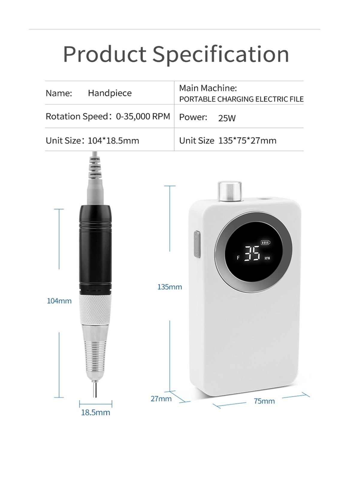 Portable Nail Drill, 35000RPM Portable Electric Nail Drill Machine, Rechargeable Cordless Electric Manicure Set For Nail Tools ,Long Lasting