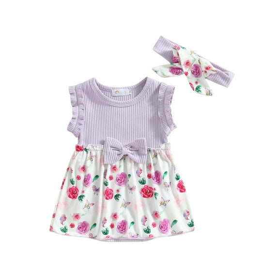 Bagilaanoe Newborn Baby Girl Rompers Dress Floral Print Sleeveless Bodysuit   Headband 3M 6M 12M 18M Infant Patchwork One Piece Jumpsuit