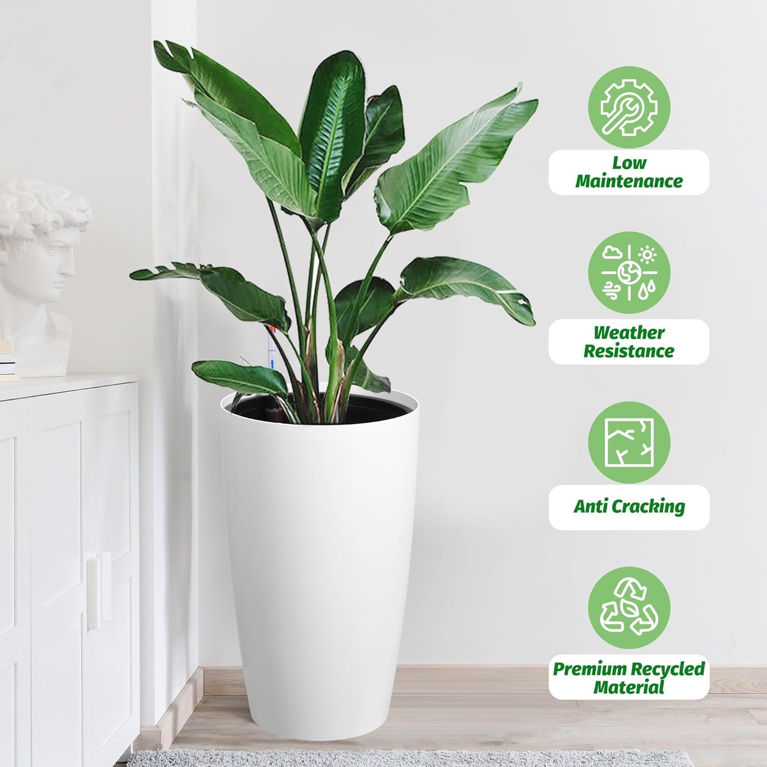 Riedhoff 21.5" Tall Round Planter Pots with Water Level Monitor, Self-Watering, 2 Count, White