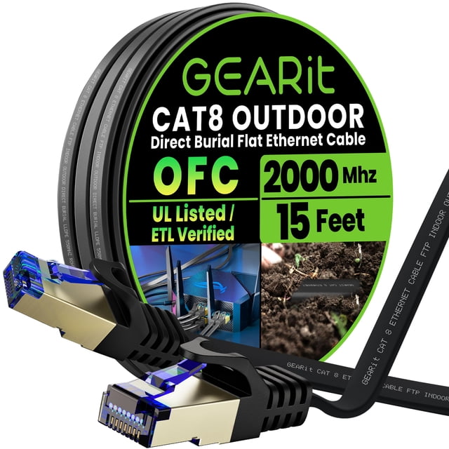 Cable Ethernet GearIt Cat 8 plano para exteriores, 15 pies, negro