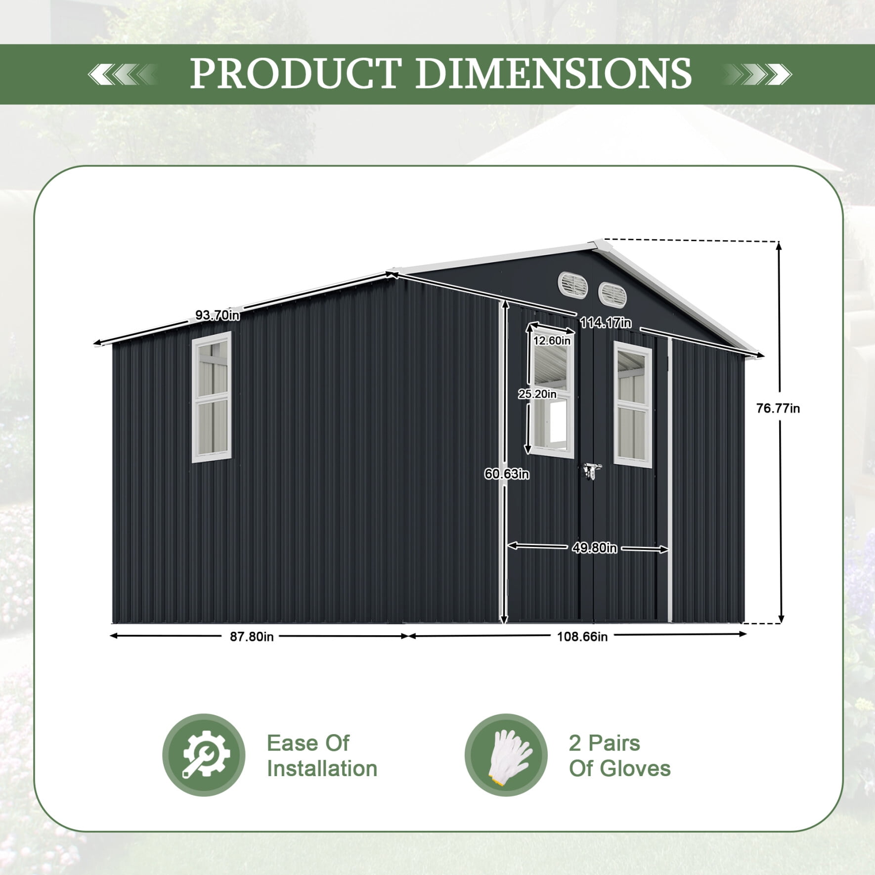 10x8 FT Outdoor Storage Shed, Metal Garden Tool Shed with Windows and Lockable Doors, Updated Frame Bike Shed with Slooping Roof and Air Vents, Dark Grey