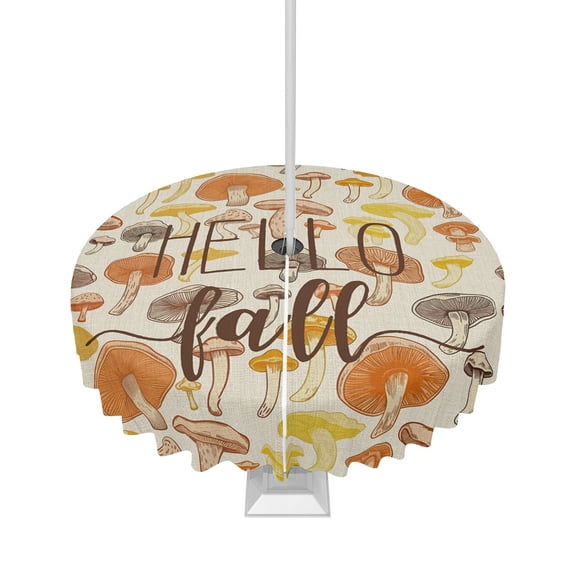 Fsddascl Hello Fall Outdoor Tablecloth - 54 Inch Round Dining Table Cover, Thanksgiving Mushroom Botanical Rustic Burlap Waterproof Outdoor Table Cloth with Umbrella Hole & Zipper for Picnic/Patio