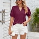 thumbnail image 4 of Camisas plisadas de manga corta abombadas para mujer, camisetas holgadas informales de Color puro a la moda con cuello en V y manga corta para mujer, color rojo vino S, 4 of 7