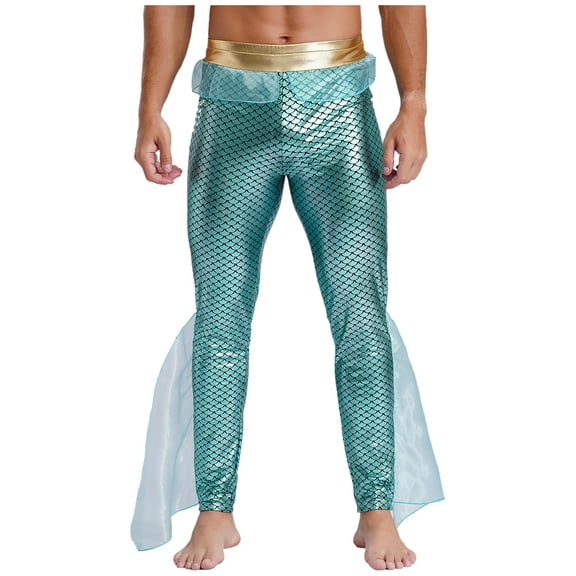 Sxiwei Men's Mermaid Pants Tights Leggings Fish-scale Ocean Trousers Performance Halloween Cosplay Mint Green L