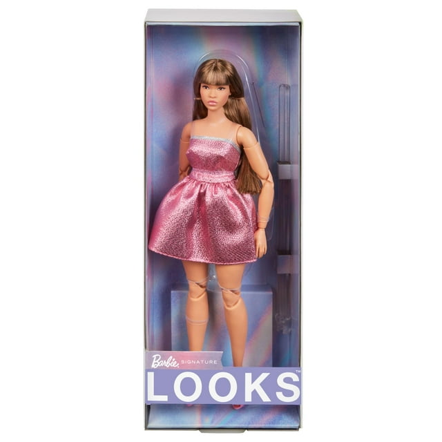 Barbie Looks Doll, Collectible No. 24 with Brown Hair & Modern Y2K Fashion, Shimmery Pink Strapless Dress with Peep-Toe Heels