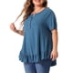 thumbnail image 4 of Camisetas de talla grande Agnes Orinda para mujeres, con cuello Henley, botones, mangas cortas y dobladillo con volantes, 3X, azul, 4 of 6
