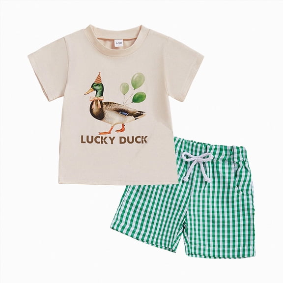 Toddler Baby Boys Summer 2 Piece Outfits Lucky Duck Print Short Sleeve T Shirt Plaid Shorts for Daily Wear Baby Boys Beige 12M