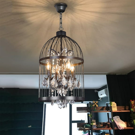 AFANQI Industrial Crystal Candle Chandeliers,Vintage Loft Metal Birdcage Pendent Lighting Island Kitchen Countryside Pendant Light