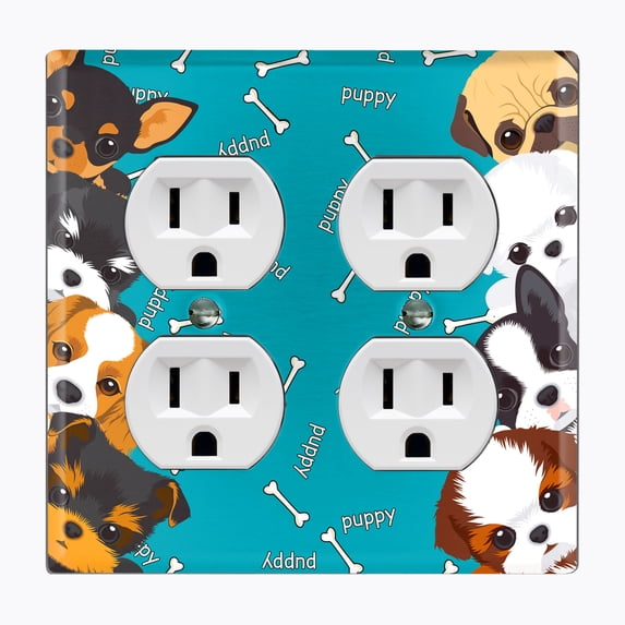 Metal Light Switch Plate Outlet Cover (Cute Tcup Dog Teal - Double Duplex)