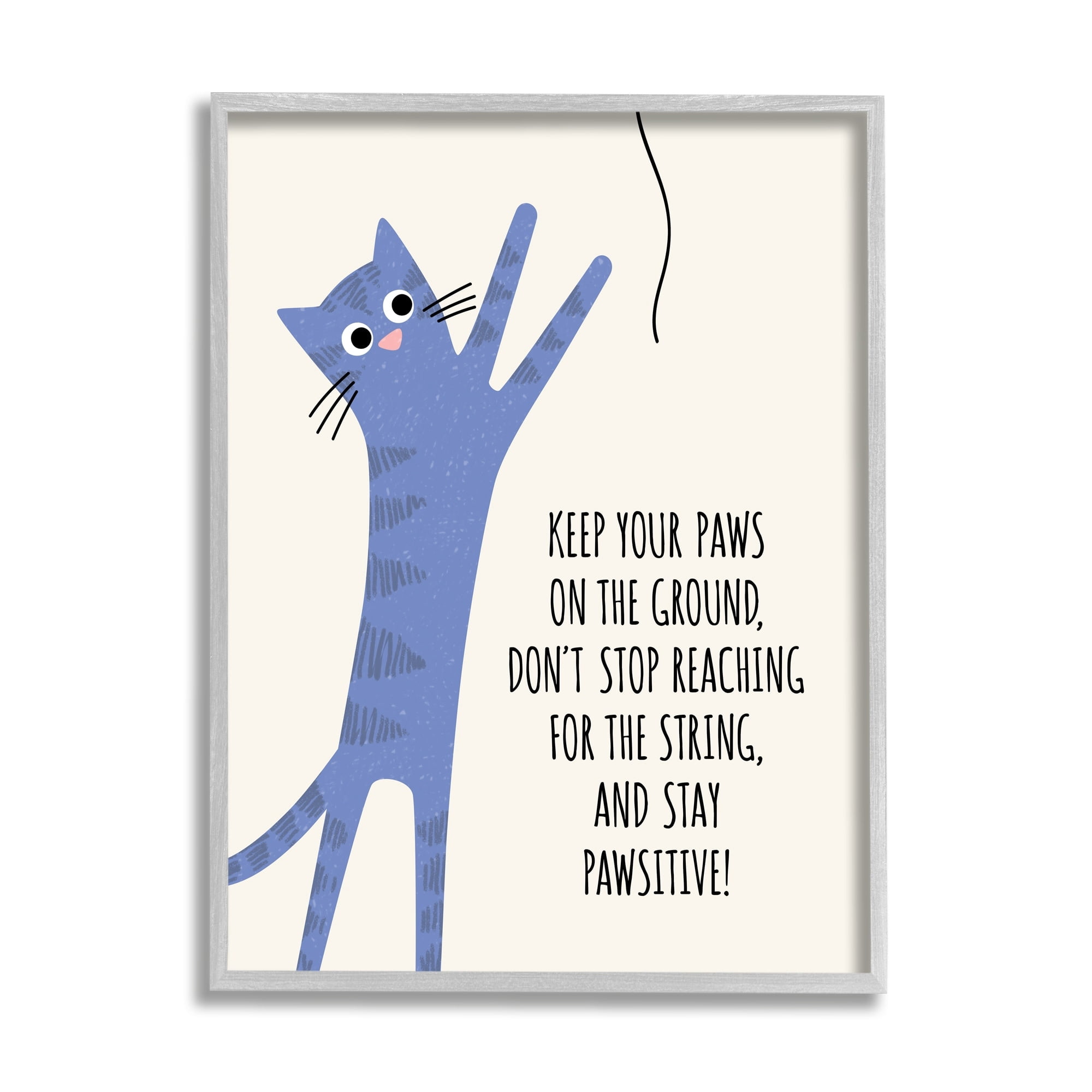 Stupell Industries Stay Pawsitive Cartoon Cat Playing Positivity Sentiment Graphic Art Gray Framed Art Print Wall Art, Design by Jennifer Wambach