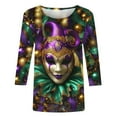 thumbnail image 4 of YOIAVAIOY Women Mardi Gras T Shirt 3/4 Sleeve Mask Graphic Tops Round Neck Casual Holiday Party Loose Fit Outfit Multicolor XXL, 4 of 5