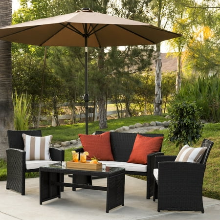 Best Choice Products 4-Piece Rattan Wicker Patio Conversation Furniture Set w/ 4 Seats, Table, Tempered Glass Tabletop, 3 Sofas, Weather-Resistant Cushions - (Best Flagstone For Patio)