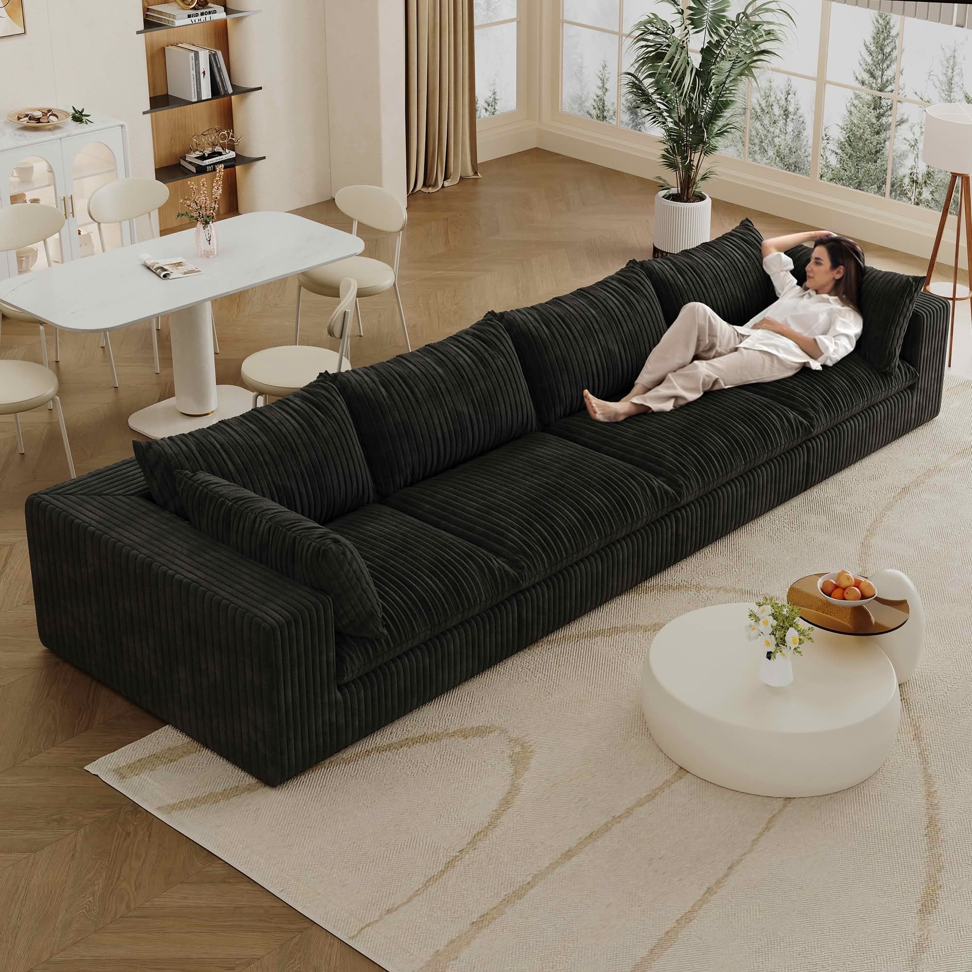 MAYEERTY 157.6" Cloud Corduroy Sofa, Deep Seat Double-Layer Design, Removable Cushion No Assembly, DIY Combination, Black