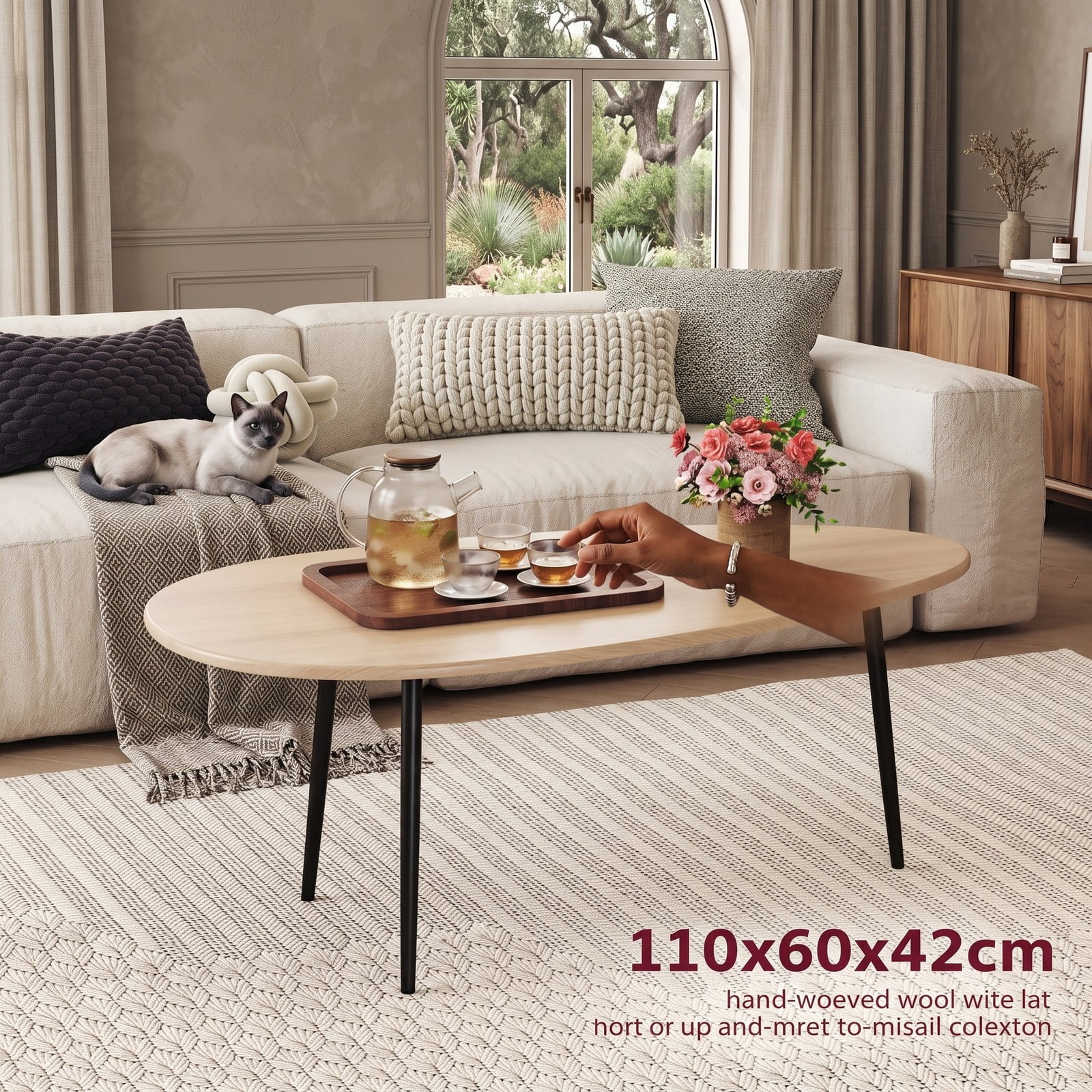 Furnibear Oval Coffee Table Mid Century Center Table with Sturdy Metal Frame, Open Storage Shelf & Adjustable Foot Pads for Living Room, Hallway & Lounge, Natural