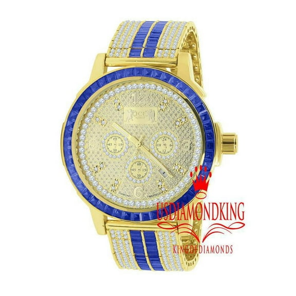Real Diamond Dial Stainless Steel Baguette Bezel Sapphire Blue Gold Tone Mens Watch W/Date