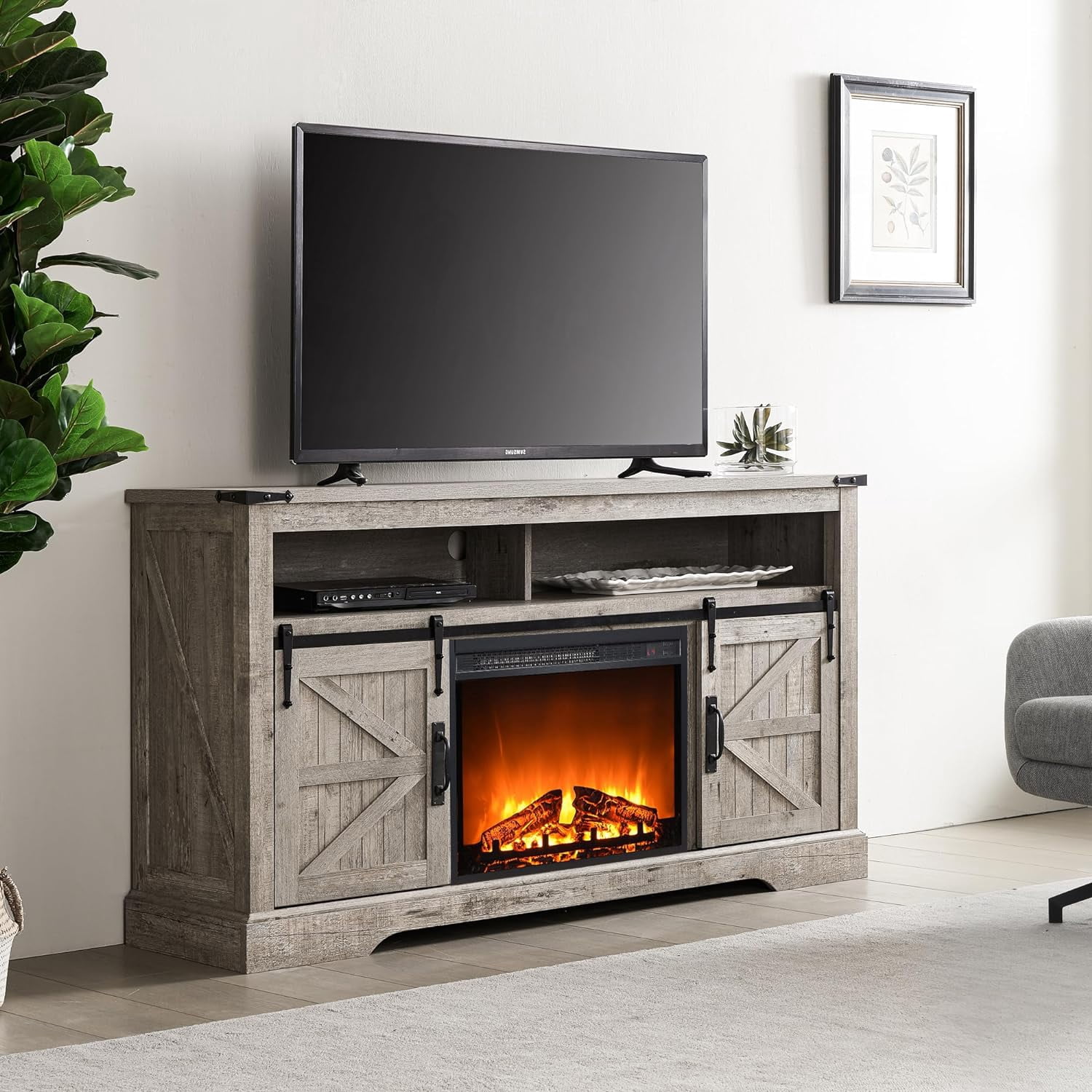 OKD Farmhouse Fireplace TV Stand up to 70", Entertainment Center with 23" Fireplace & Open Storage Shelves for Living Room, Light Rustic Oak