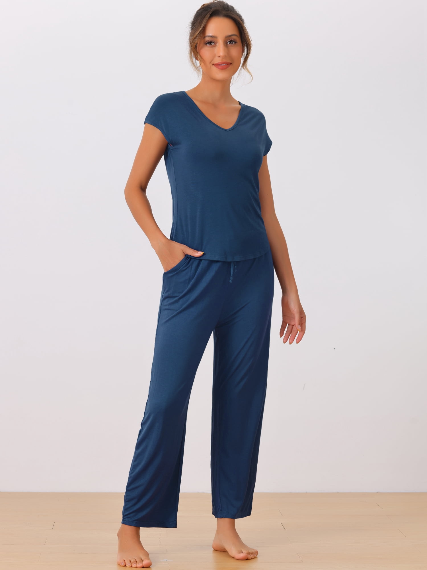 DARING DIVA Women's Short Sleeve Pajama Set Loungewear Long Pants Sweatsuit XL Deep Blue