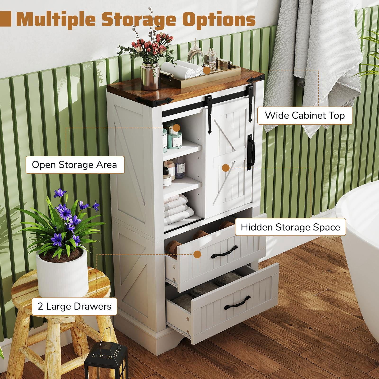 Resenkos Farmhouse Bathroom Floor Cabinet, Freestanding Wooden Organizer with Sliding Barn Door and Adjustable Shelves, Organizer with Anti-Toppling Design for Home, Bathroom, White