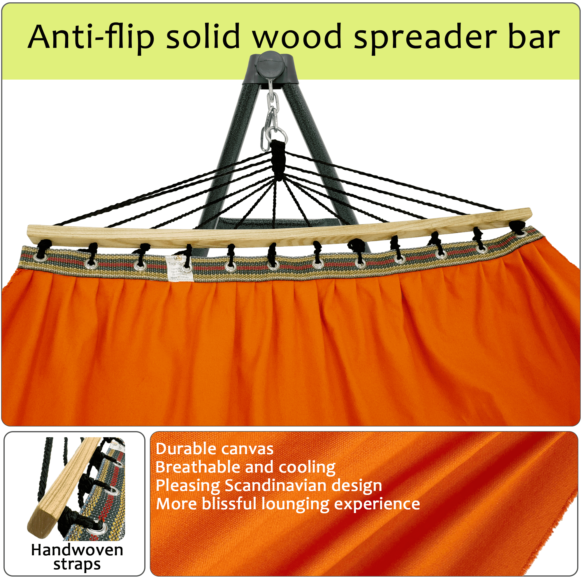 Tranquillo Sturdy Steel Hammock Stand with Premium Cotton Canvas Hammock, Orange