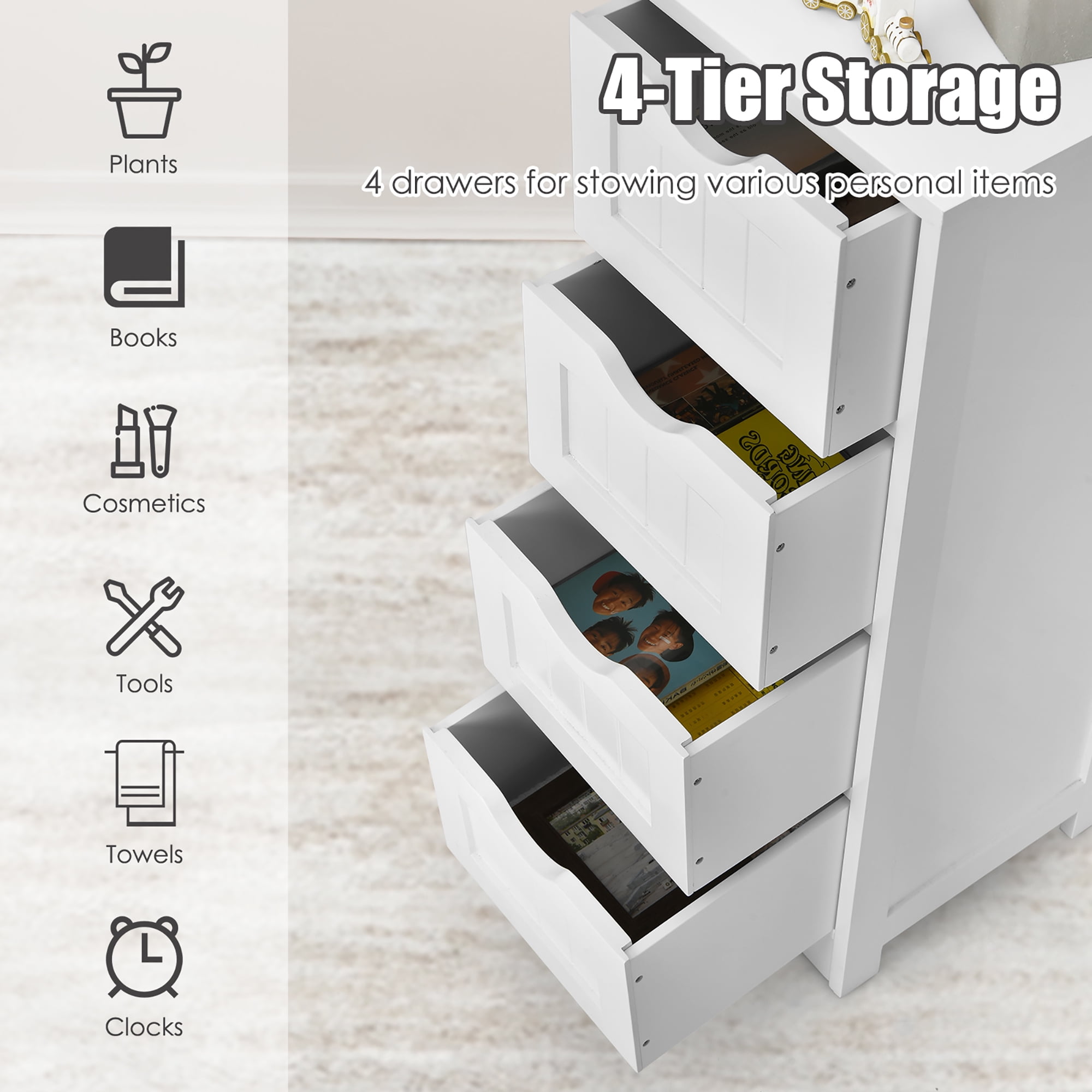 Costway White Floor Storage Cabinet Bathroom Organizer Free Standing 4 Drawers