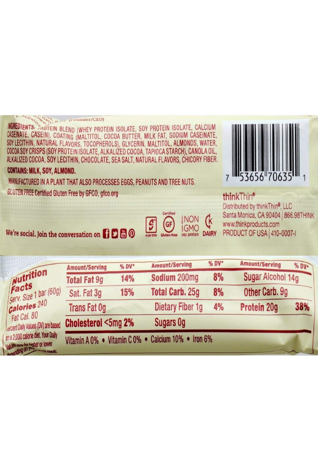 Think Thin! High Protein Meal Alternative Nutrition Bar, White Chocolate, 2.1 Ounce Bar (Pack of 10)