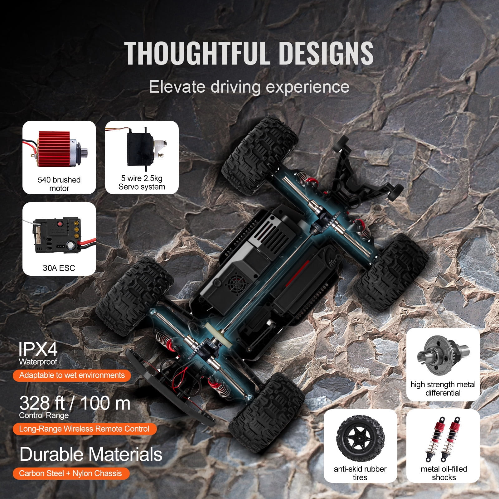 KFFKFF Wireless Operated Vehicle, RC Car in 1:10 Scale for Children, 4WD Monster Truck Capable of 45° Wheelie, Equipped with 2 Batteries, Capable of 38 km/h Speed - Perfect Present