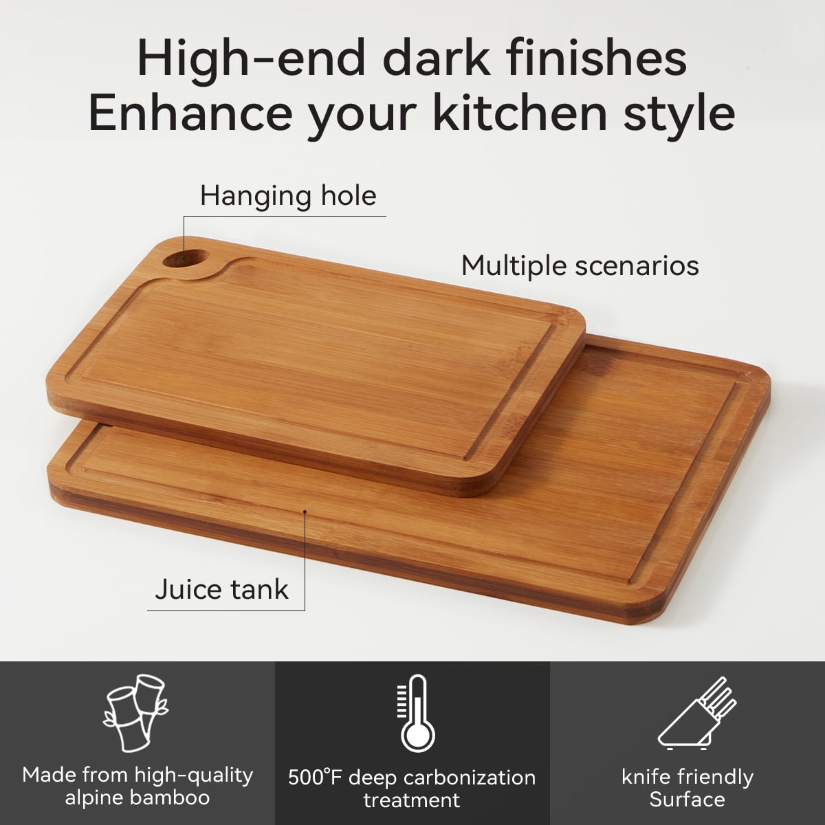 Bamboo Cutting Board Set, 3 Piece Kitchen Boards with Deep Grooves, Double-Sided Design, Hanging Holes, Large 15x10, Medium 12x8, Small 9x6 Inches