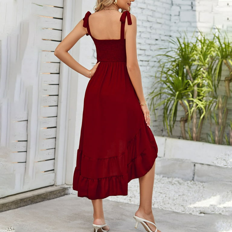 YWDJ Wedding Guest Dresses for Women Cocktail Dresses Summer Maxi Beach  Boho Slip Strapless Ruffle Square Neck Spaghetti Strap Solid Color A Line  Long for Wedding Guest Evening Party Graduation Party 