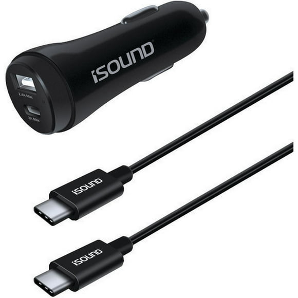 i.Sound ISOUND-6102 Chargeur de Voiture Double Port USB avec 6 Ft. Câble USB-C à USB-C