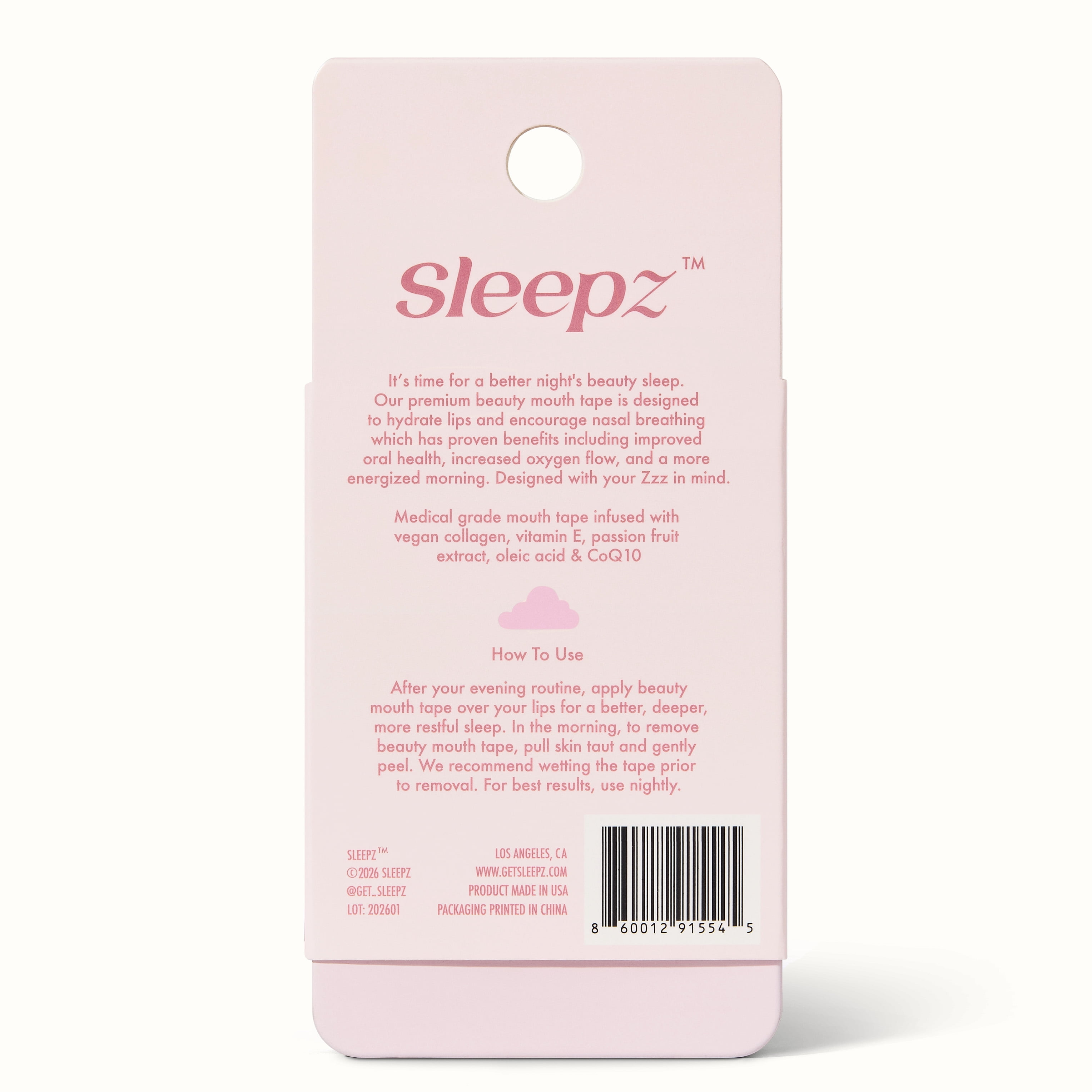 Sleepz Beauty Mouth Tape Infused with Hydrating Collagen for All Skin Types, 30 Count, Pink