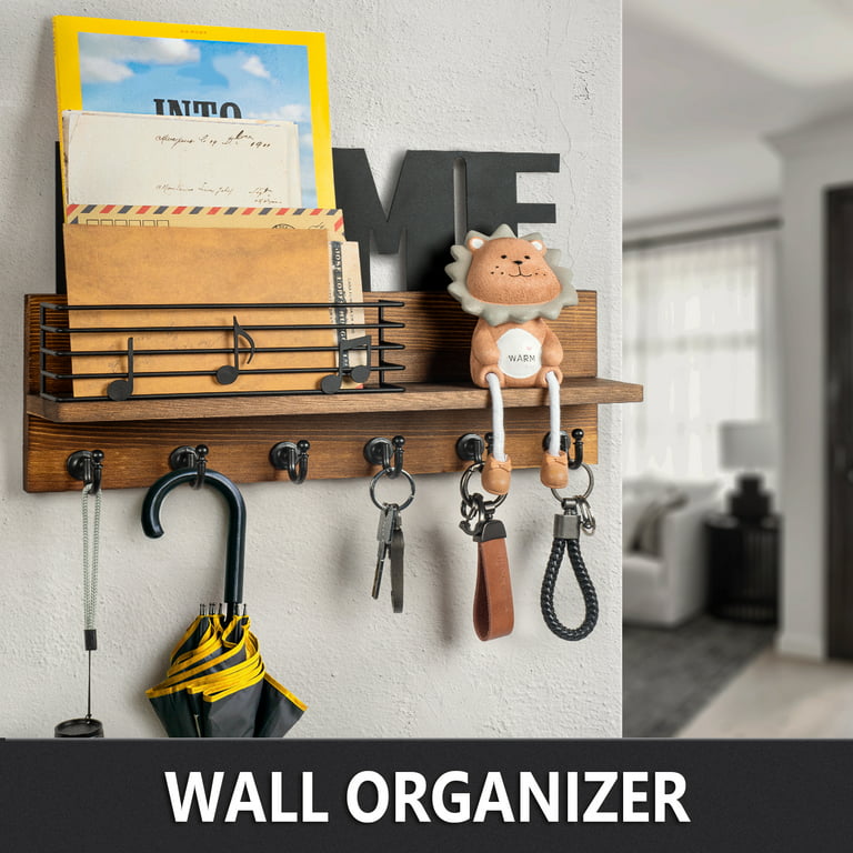 Gallery Solutions Metal and Wood Wall Organizer with Baskets and Hooks,  Brown 