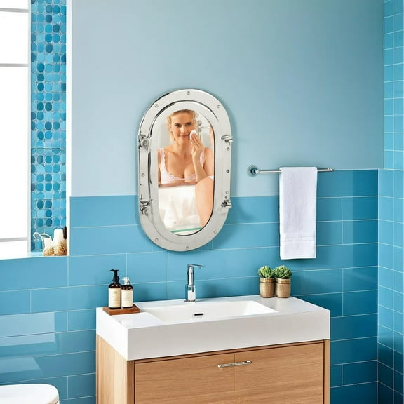 19" Nautical Oval & Half Round Shaped Aluminum Ships Porthole Mirror - Home Wall Decor & Accent Piece with Nickel Plated Chrome Finish | Bathroom Cabinet Mirrors