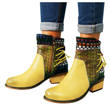 

Womens Boots Fashion Back Lace up Ethnic Leather Booties Ankle Boots for Women Retro Round Toe Square Heel Boots Womens Mid Calf Boots for Women