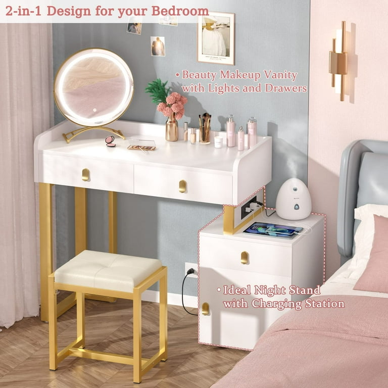 Homieasy Vanity Desk with LED Lighted Mirror Power Outlets 44