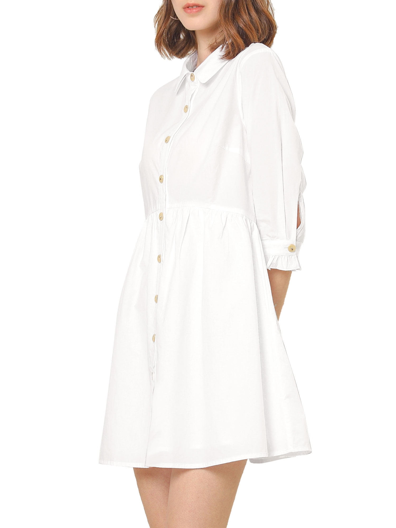 DARING DIVA Elegant Collar Flare 3/4 Sleeve Button Mini Shirt Dress XL White