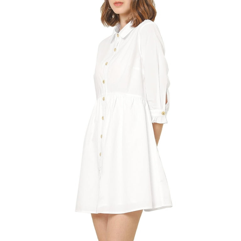 Unique Bargains Women's Elegant Collar Flare 3/4 Sleeve Button Mini Shirt  Dress White M