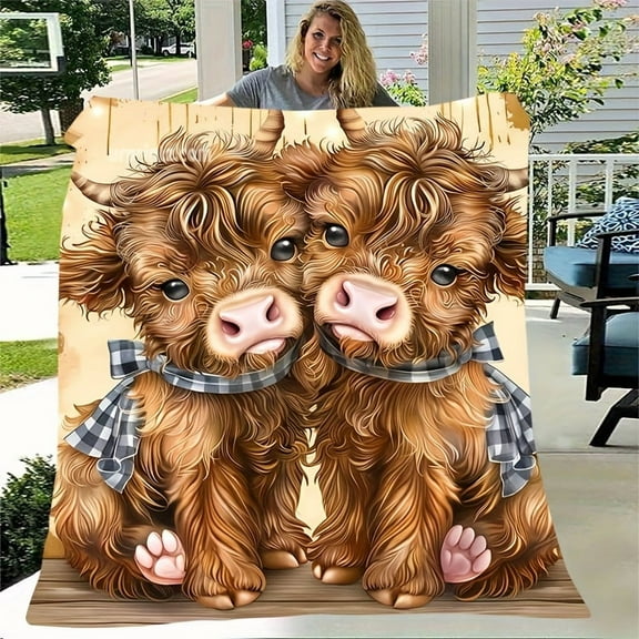 5PKS Soft and Warm One Comfortable Cartoon Highland Cow Themed Pattern Flannel Blanket | Fashionable, Cute, All-Season Multifunctional Gift Throw Perfect for Sofa, Bed, Office, and