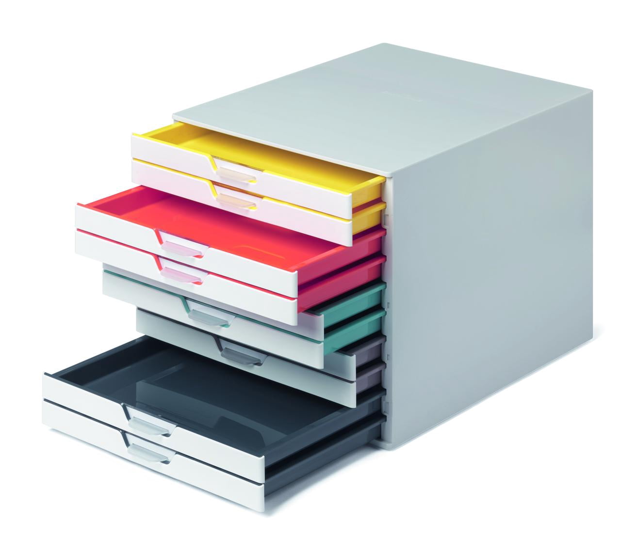 DURABLE Desktop Drawer Organizer (VARICOLOR MIX 10 Compartments with Removable Labels) 11" w x 14" d x 11.375" h, White & Multicolored (763027)