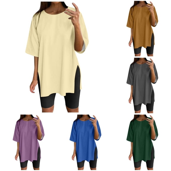 Xiaoxatg Womens T Shirts, Women Oversize Sports Shirt for Women Loose Short Sleeve Tunic with Slits Casual Summer Top Functional Tunic Blouse Breathable Fitness Tee Beige L