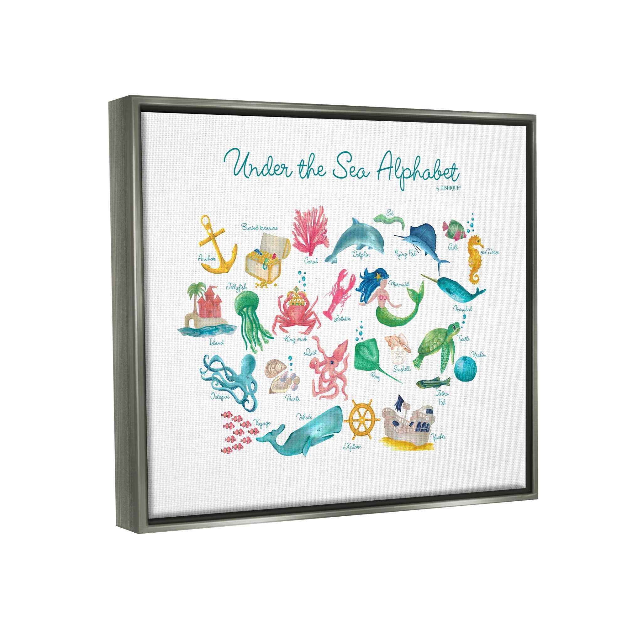 Stupell Industries Under the Sea Educational Alphabet Sea Life Learning Graphic Art Luster Gray Floating Framed Canvas Print Wall Art, Design by Dishique