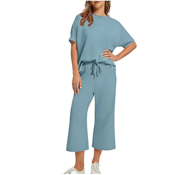 Idoravan Women 2 Piece Outfits Batwing Sleeve Top Flowy Pants Set Vacation Travel Airport Outfits Women’S Fashion Solid-Color Sporty Casual Crew-Neck Wide-Leg Pants with Pockets Two-Piece Set