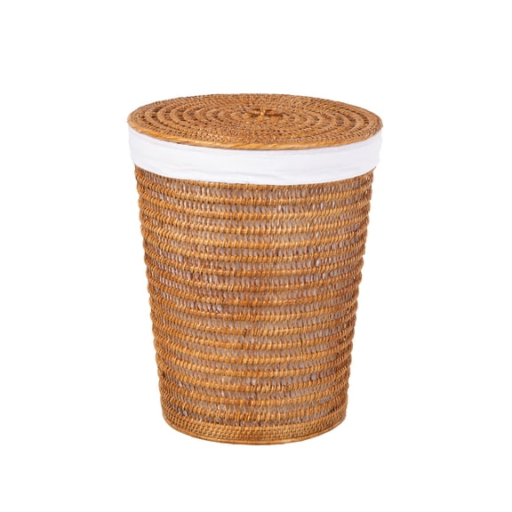 Kouboo Cambria Rattan Laundry Mesh Hamper With Liner, Laundry Hamper With Lid For Clothes, Handwoven Storage Basket, Honey Brown